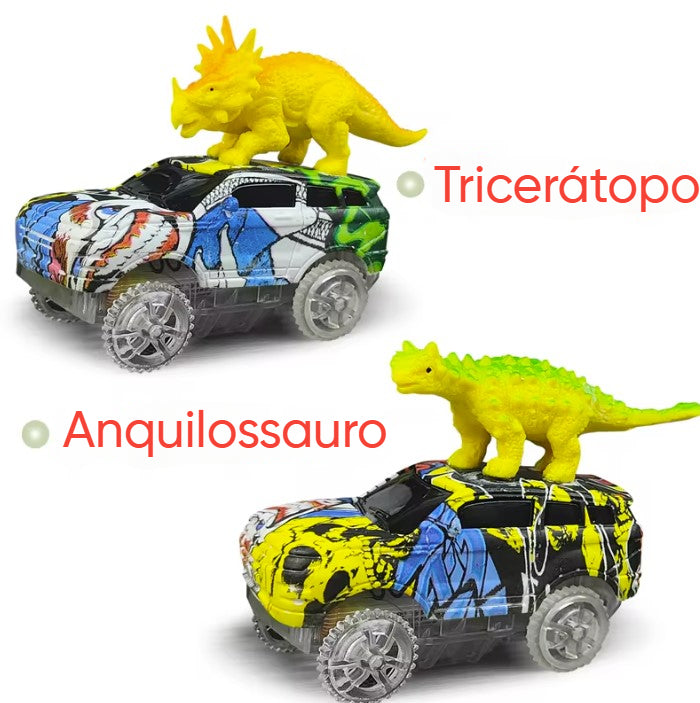 Pista Mágica com Carro Elétrico Dinossauro – Pista Flexível com Carro de Luz Piscante para Crianças