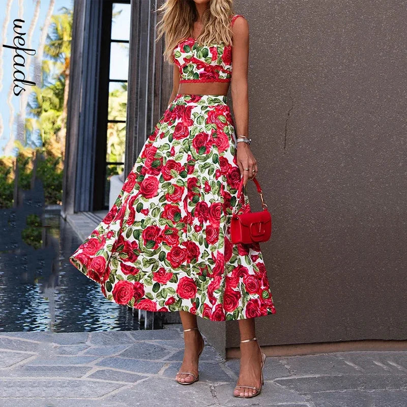 Conjunto saia e top Floral Vermelho