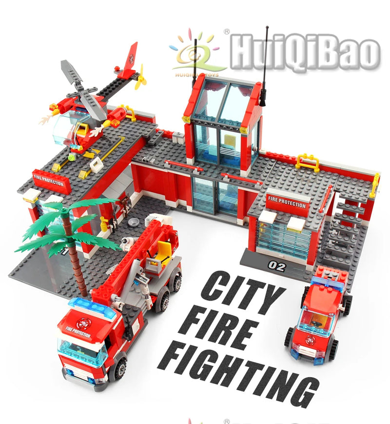 Conjunto de Blocos de Montar 756 Peças - Modelo de Estação de Bombeiros com Caminhão, Helicóptero e Bombeiros