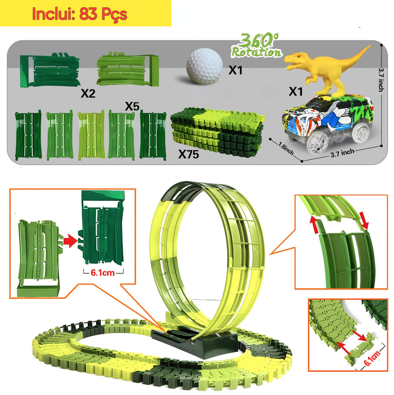 Pista Mágica com Carro Elétrico Dinossauro – Pista Flexível com Carro de Luz Piscante para Crianças