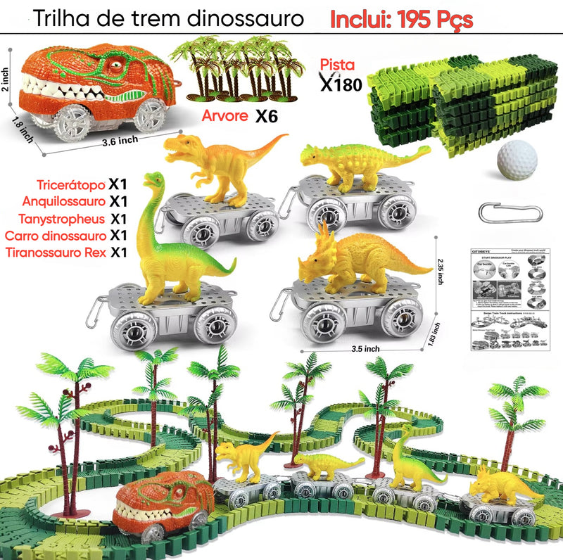 Pista Mágica com Carro Elétrico Dinossauro – Pista Flexível com Carro de Luz Piscante para Crianças