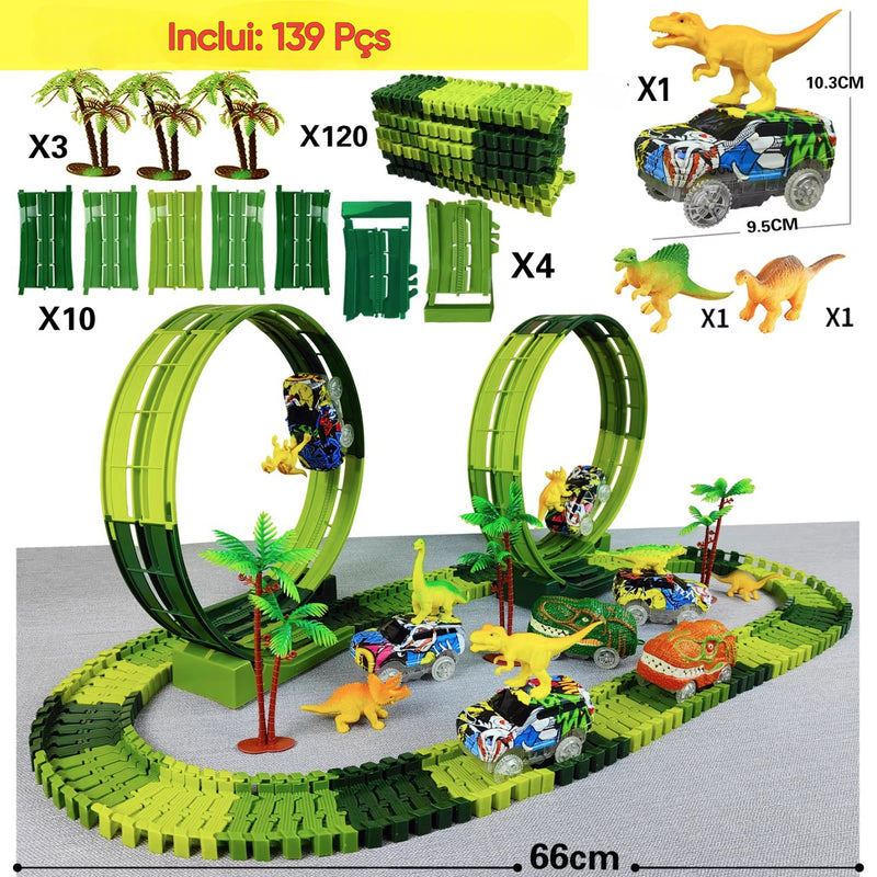 Pista Mágica com Carro Elétrico Dinossauro – Pista Flexível com Carro de Luz Piscante para Crianças