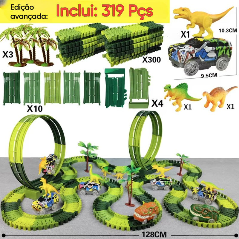 Pista Mágica com Carro Elétrico Dinossauro – Pista Flexível com Carro de Luz Piscante para Crianças