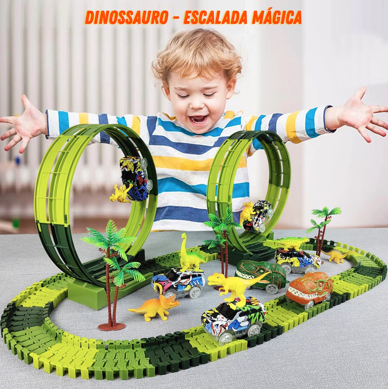 Pista Mágica com Carro Elétrico Dinossauro – Pista Flexível com Carro de Luz Piscante para Crianças