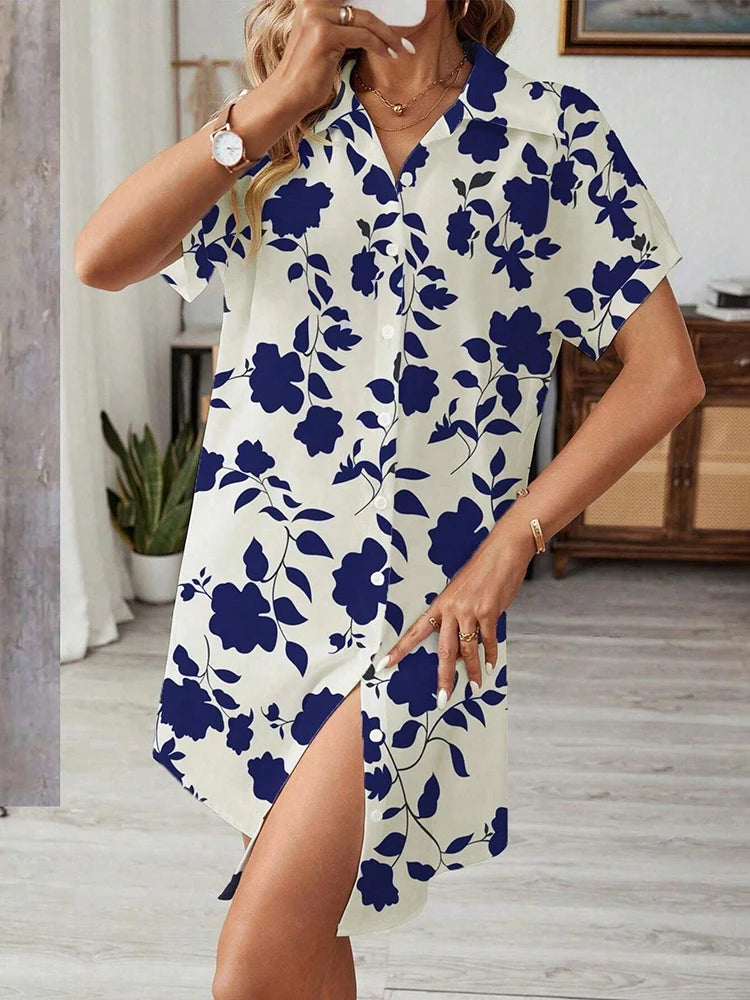 Vestido Estampado Casual Feminino, Estilo Britânico com Gola, Curto e com Botões, Impressão 3D, Tendência Urbana para o Dia a Dia