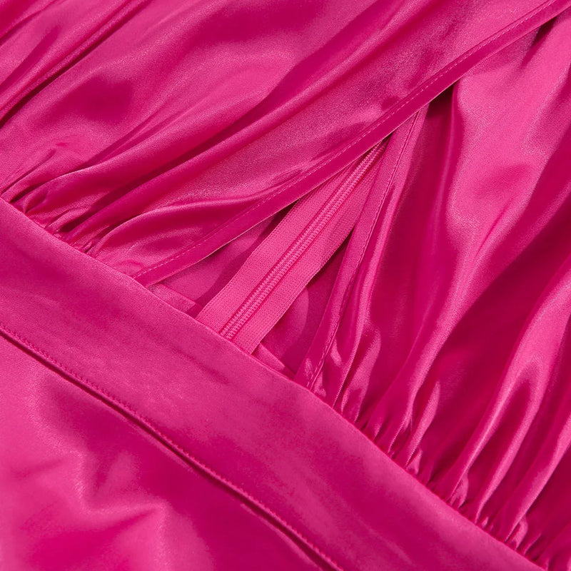 Vestido Midi Rosa Vermelho de Cetim, Halter com Recortes, Sem Mangas, Sexy para Festas, Casamentos e Eventos de Verão