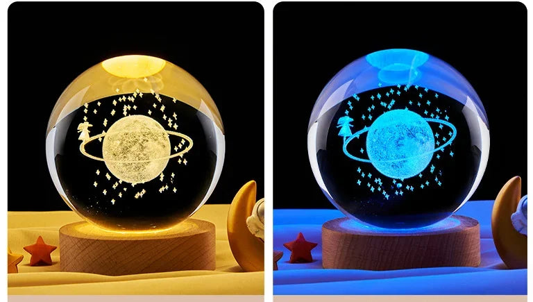 Luz Noturna Galáxia Planetária em Cristal 3D - Luminária Brilhante para Cabeceira.