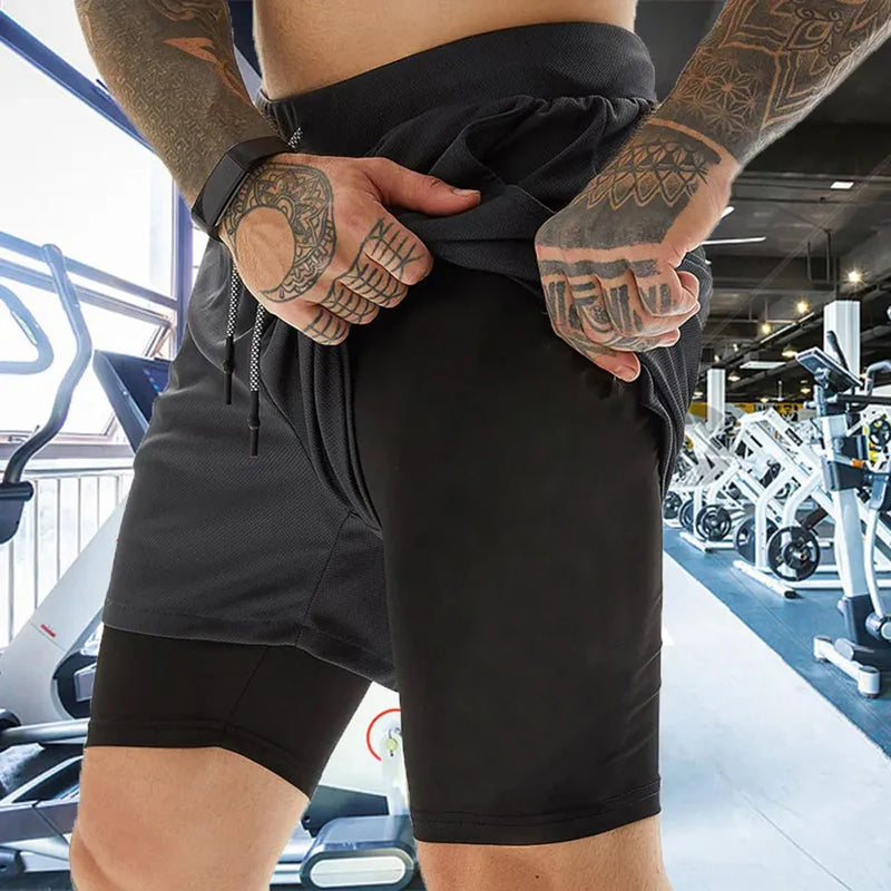 Shorts Masculinos 2 em 1 para Corrida – Roupa Esportiva de Treino e Corrida com Camada Dupla