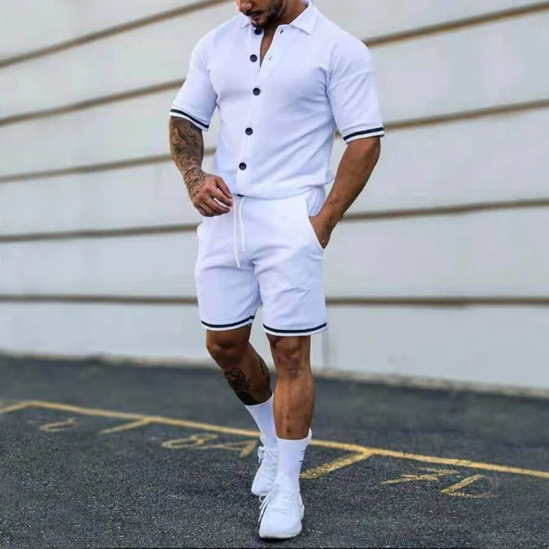 Conjunto de Cardigan Polo Masculino de Verão: Manga Curta Sólida e Shorts.