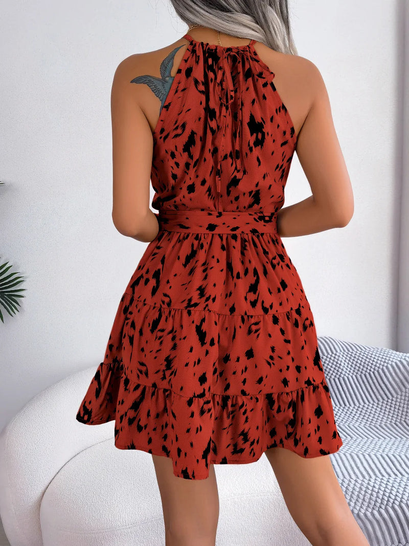 Vestido Feminino Sexy Estampa de Leopardo com Babados e Gola Halter