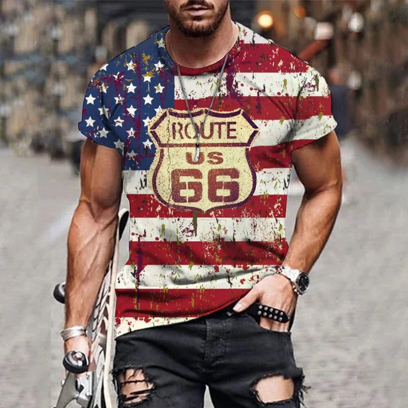 Camiseta Masculina Gráfica 3D "US 66".