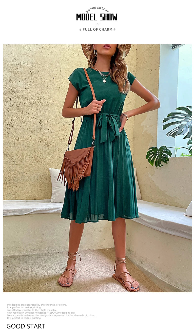 Vestido Elegante Feminino, Casual de Verão para Praia, Manga Curta, Plissado, Midi, Túnica com Gola O, Cores Sólidas, Moda