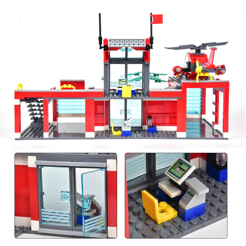 Conjunto de Blocos de Montar 756 Peças - Modelo de Estação de Bombeiros com Caminhão, Helicóptero e Bombeiros