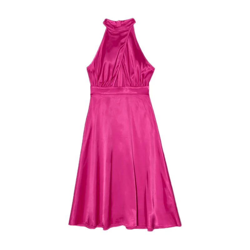 Vestido Midi Rosa Vermelho de Cetim, Halter com Recortes, Sem Mangas, Sexy para Festas, Casamentos e Eventos de Verão