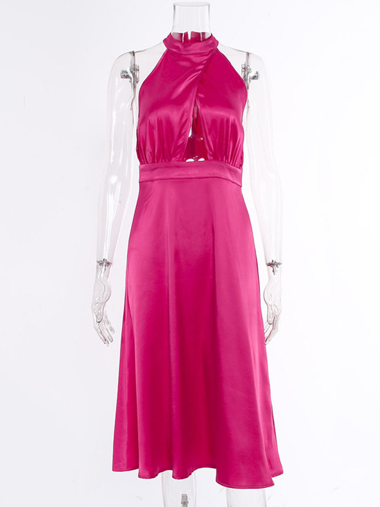 Vestido Midi Rosa Vermelho de Cetim, Halter com Recortes, Sem Mangas, Sexy para Festas, Casamentos e Eventos de Verão