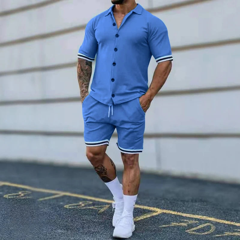 Conjunto de Cardigan Polo Masculino de Verão: Manga Curta Sólida e Shorts.