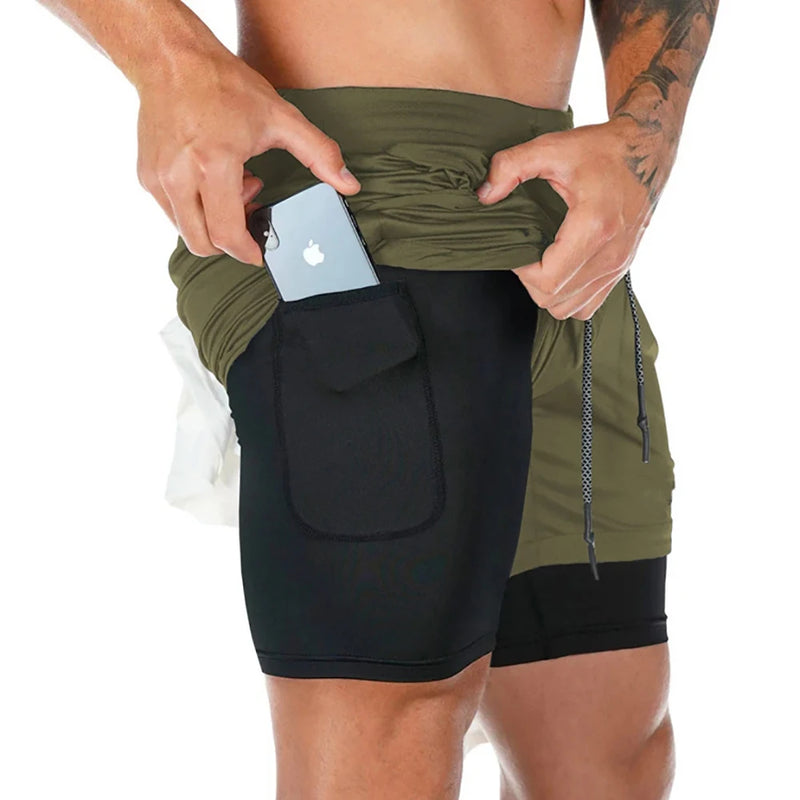 Shorts Masculinos 2 em 1 para Corrida – Roupa Esportiva de Treino e Corrida com Camada Dupla