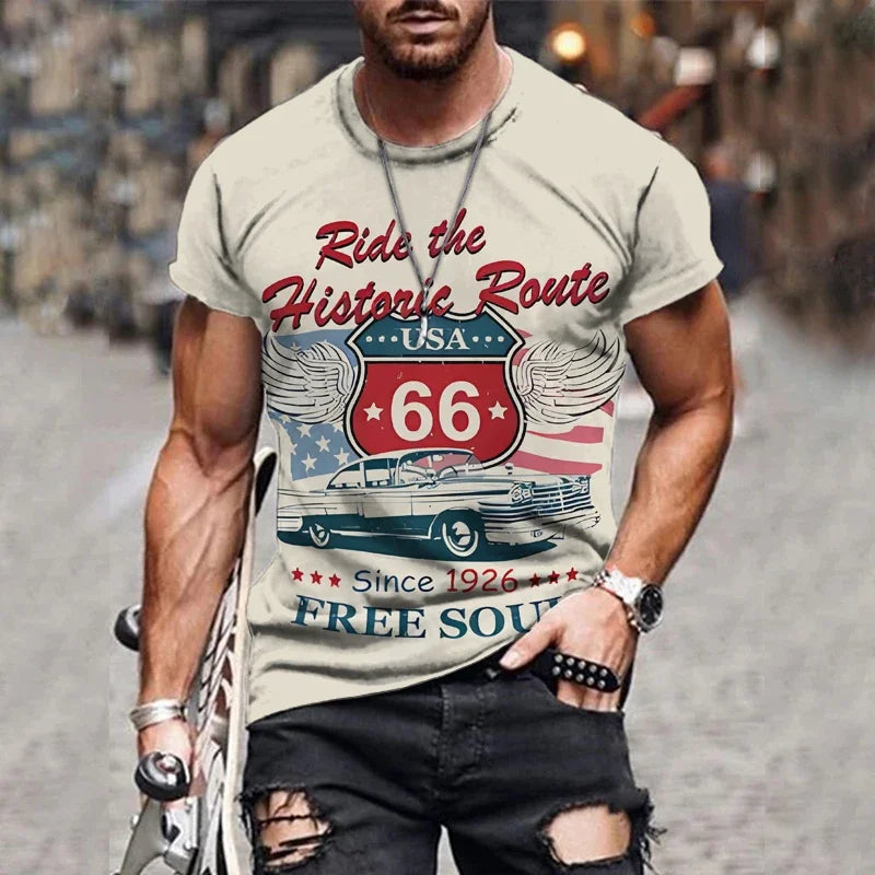 Camiseta Masculina Gráfica 3D "US 66".