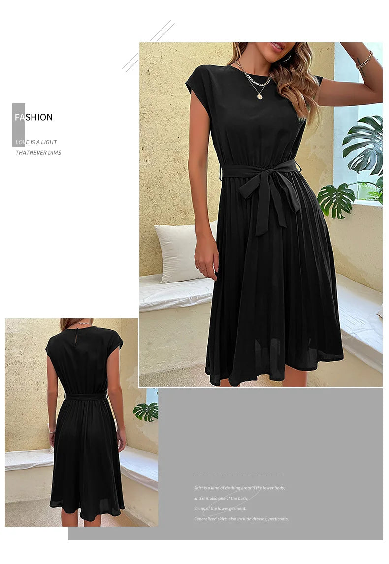 Vestido Elegante Feminino, Casual de Verão para Praia, Manga Curta, Plissado, Midi, Túnica com Gola O, Cores Sólidas, Moda