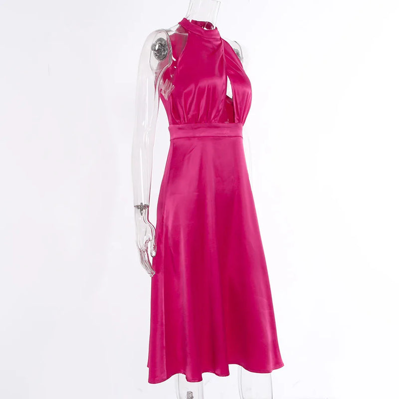 Vestido Midi Rosa Vermelho de Cetim, Halter com Recortes, Sem Mangas, Sexy para Festas, Casamentos e Eventos de Verão