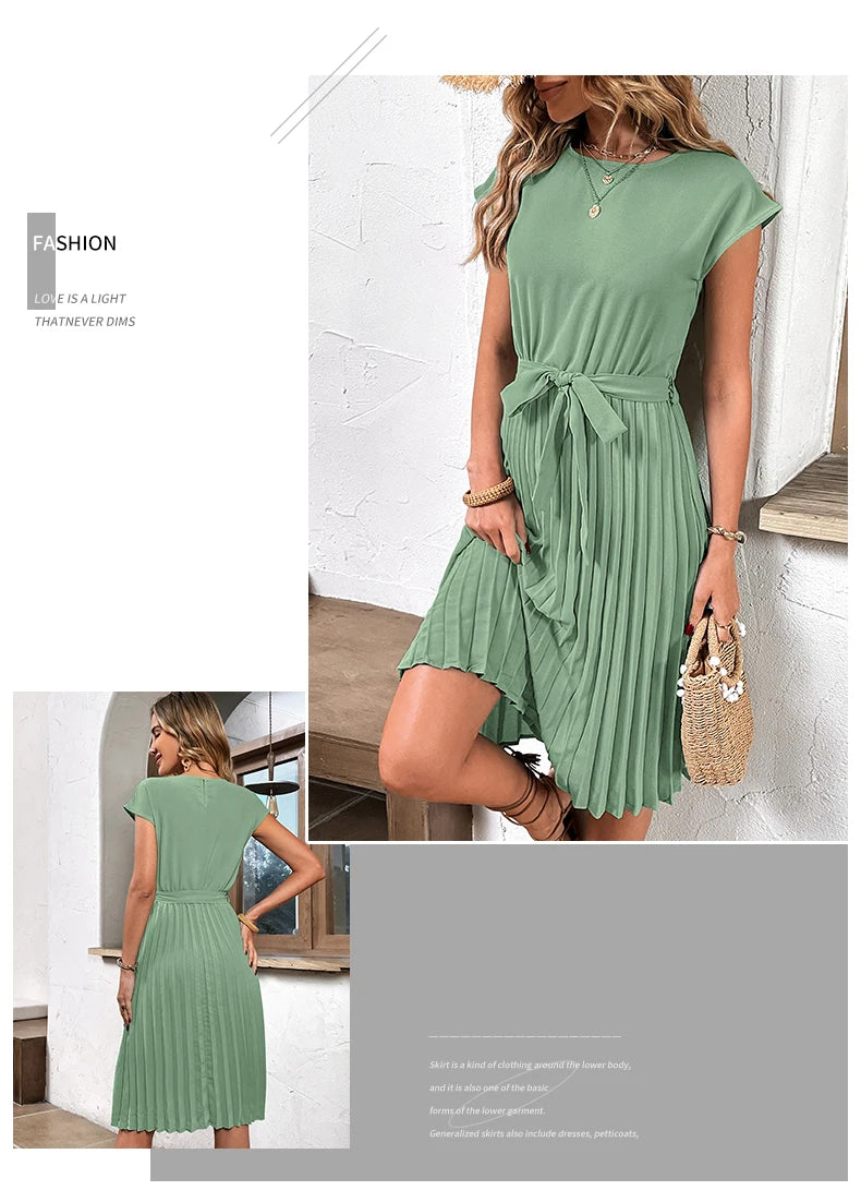 Vestido Elegante Feminino, Casual de Verão para Praia, Manga Curta, Plissado, Midi, Túnica com Gola O, Cores Sólidas, Moda