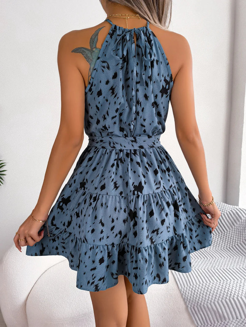 Vestido Feminino Sexy Estampa de Leopardo com Babados e Gola Halter