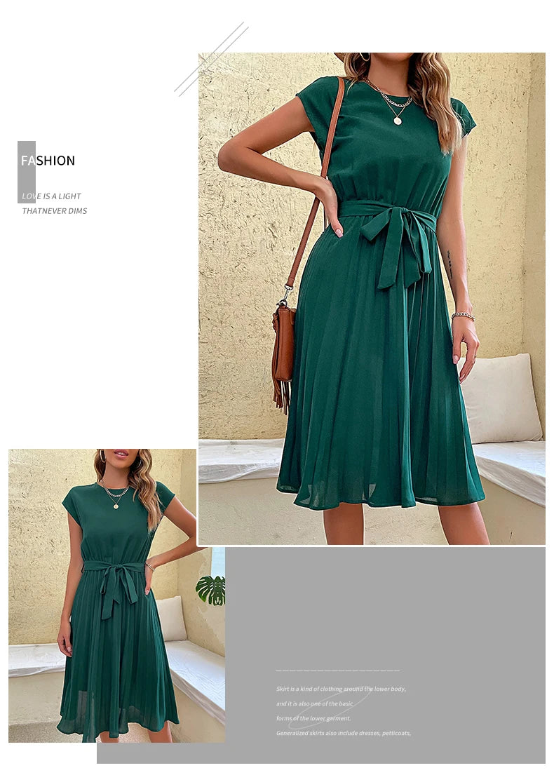 Vestido Elegante Feminino, Casual de Verão para Praia, Manga Curta, Plissado, Midi, Túnica com Gola O, Cores Sólidas, Moda