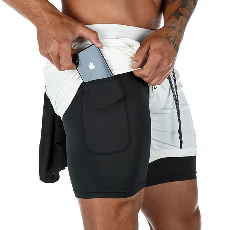 Shorts Masculinos 2 em 1 para Corrida – Roupa Esportiva de Treino e Corrida com Camada Dupla