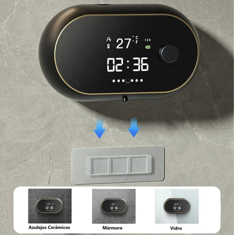 Dispenser Automático de Sabonete Líquido com Display de Hora e Temperatura – À Prova d'Água, Sensor de Movimento e Sem Toque