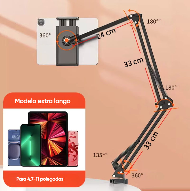 Suporte de Tablet para Cama – Braço Metálico de 90cm, Rotação 360° para iPad e Dispositivos de 4,5 a 11 Polegadas